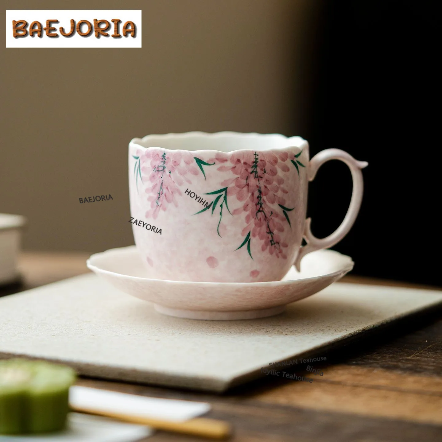BAEJORIA 240ml Hand-painted Wisteria Flower Coffee Mug with Plate Latte Cereal Mug Afternoon Tea Mug Cup Saucer Kit Tea Services
