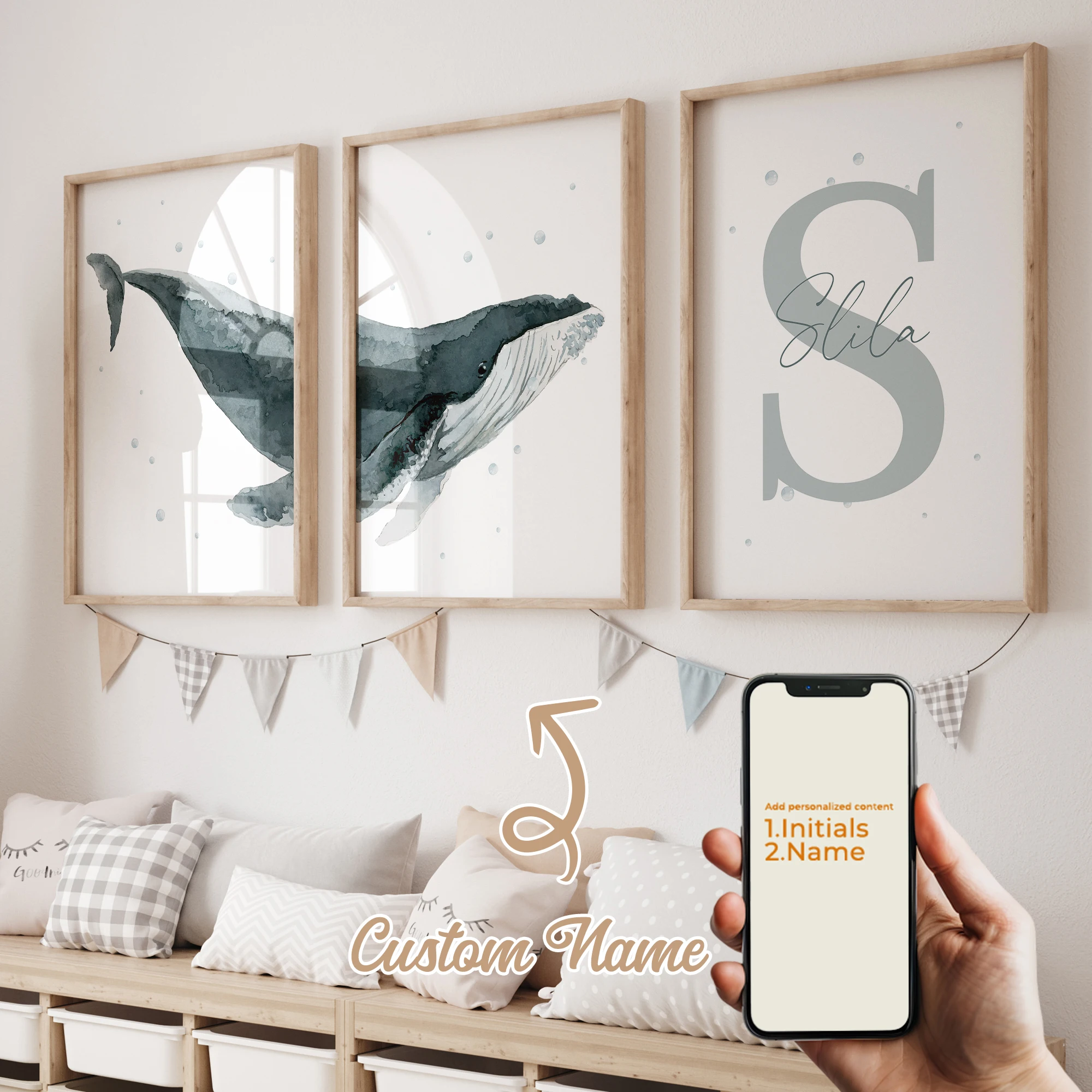 

3pcs Personalized Custom Name Cute Cartoon Animal Whale Wall Art Print Picture For Living Room Kids Boy Room Home Decor Gift