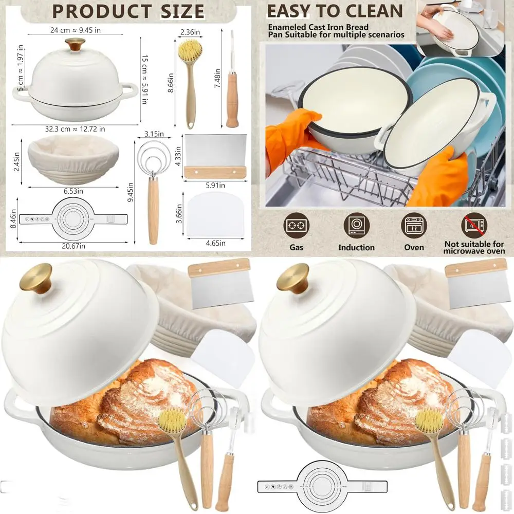 

White 5-Quart Enamel Cast Iron Dutch Oven Set with Lid and Bread Proofing Basket for Sourdough Baking and Roasting