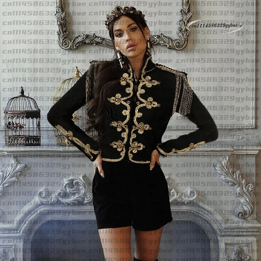 2026 New Winter Autumn Fashion Women's Bandage Jacket Long Sleeve Casual Sexy Black Night Club Party Coat Outwear Female Golden