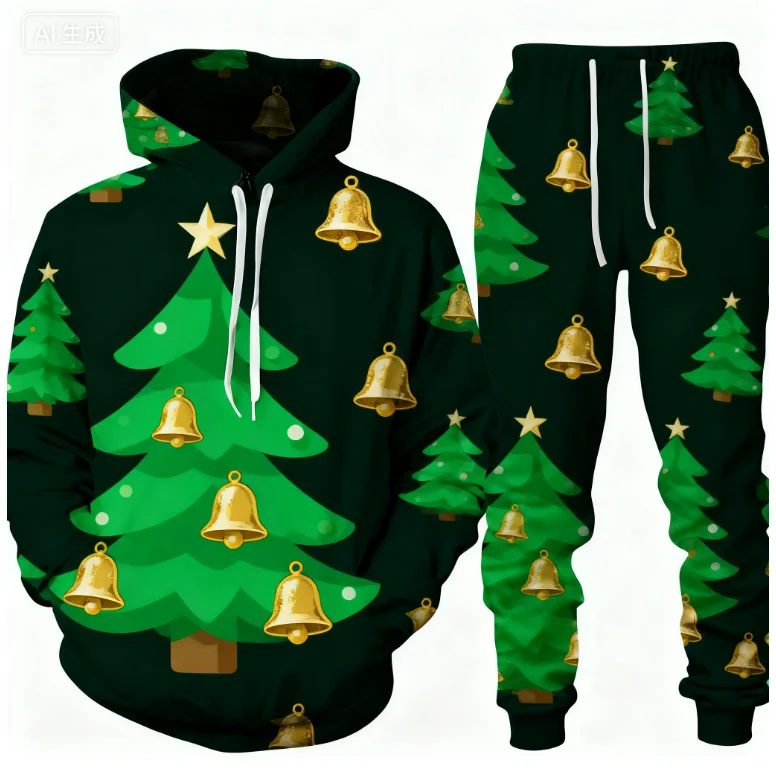 عيد الميلاد قطعتين هوديي بانت مجموعات سانتا كلوز ثلاثية الأبعاد طباعة مجموعة الرجال النساء موضة هوديي + مجموعة بناطيل رجالي هدايا عيد الميلاد بدلة رياضية #1