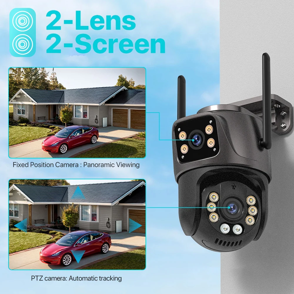 4K 8MP HD Wifi PTZ Camera Outdoor 4MP Dual Lens Dual Screen AI Auto Tracking IP Camera CCTV Audio Video Surveillance P2P iCSee