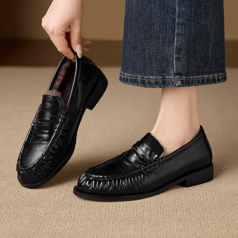 新作、冬用、ウール素材の暖かいローファー、ローヒール、シープ - Womens Heels のレビューと価格