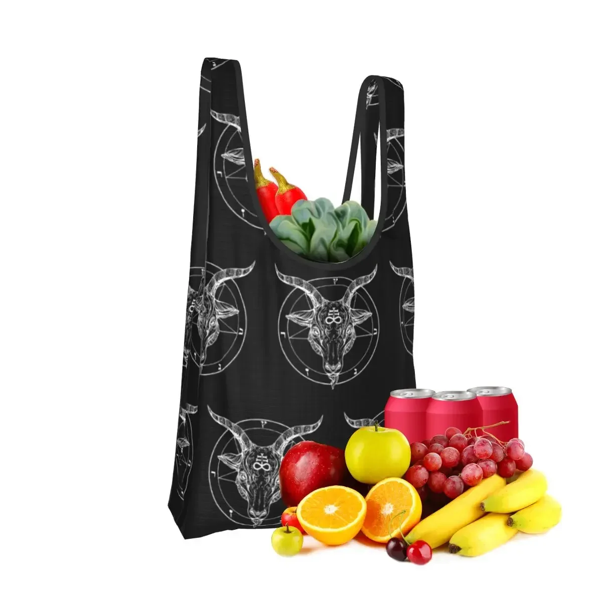 Baphomet Goat Head With Pentagram Or Satanist Symbol Portable Tote Bags Foldable Shoulder Shopper Bag Grocery Handbag