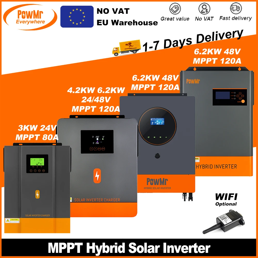 PowMr-Onduleurs solaires hybrides EU, onde sinusoïdale pure photovoltaïque, contrôleur solaire MPPT 120A, 2KW, 3KW, 4,2 KW, 6,2 KW, 48V, 24V, 12V à 220 ylique