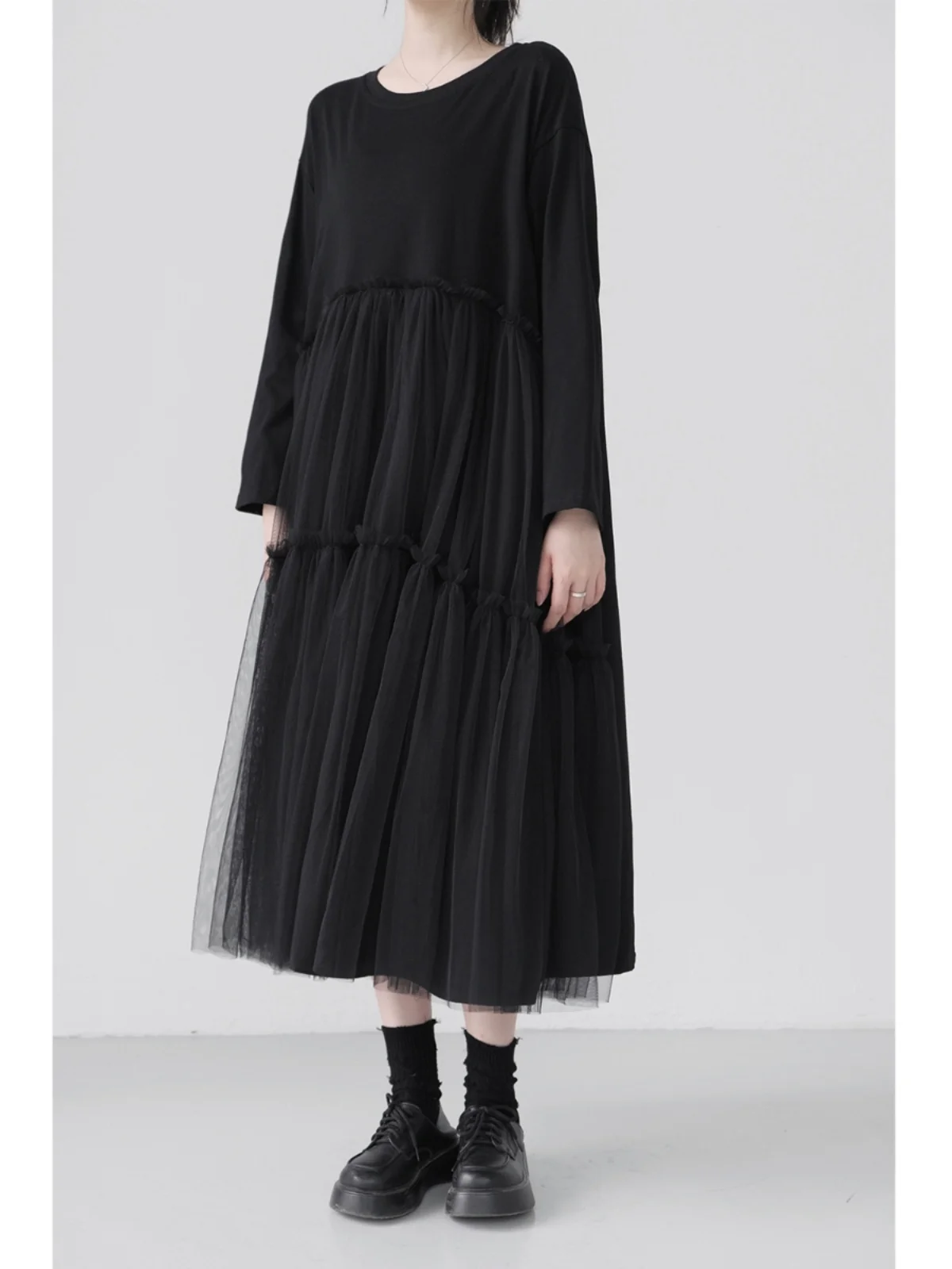 UMI MAO Yamamoto Dark Mesh Splicing Dress with Casual and Loose Bottom Black Long Dress Design