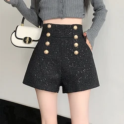 Fashion Streetwear Y2K Winter Shorts Women Korean High Waist Cute Sequined Tweed Booty Shorts Loose Wide Leg Short Pants Femme