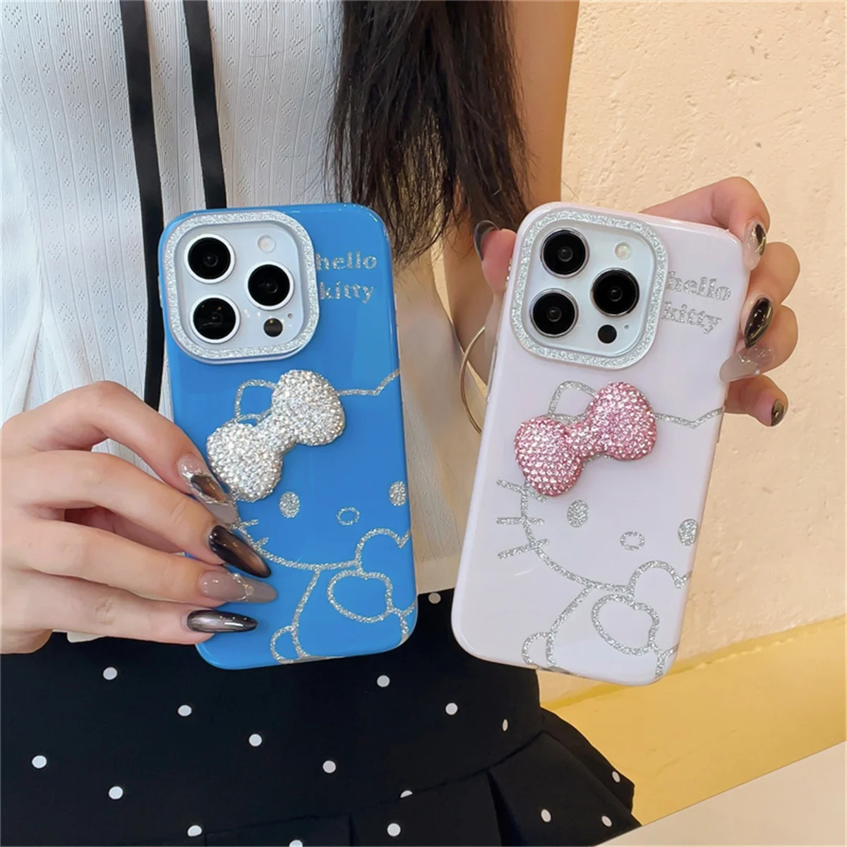 

Fashion Diamond Bowkont Hello Kitty Phone Case For iPhone 16 Pro 15 13 14 Pro Max Cover Cute Cartoon Shockproof Cases