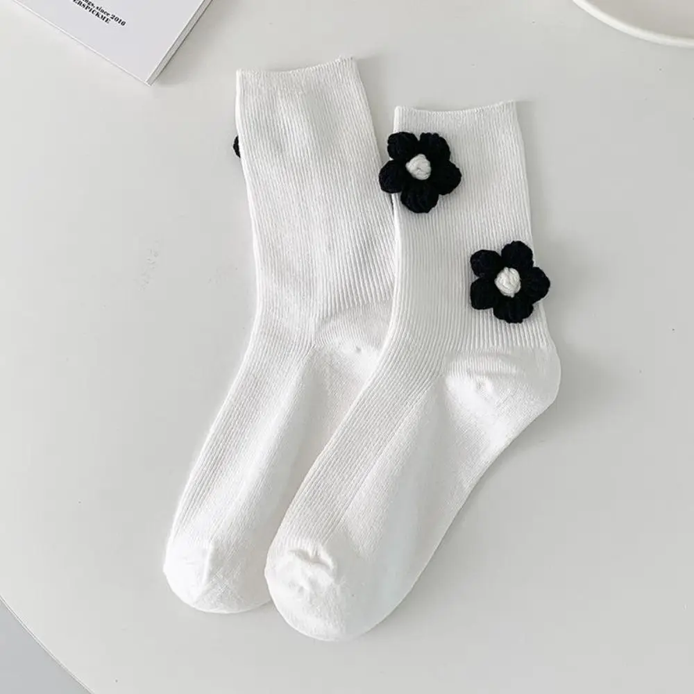 Breathable Women Cotton Socks Ruffles Pearl Mid Tube Sock Black/White Preppy Style Retro Preppy Style Socks Summer