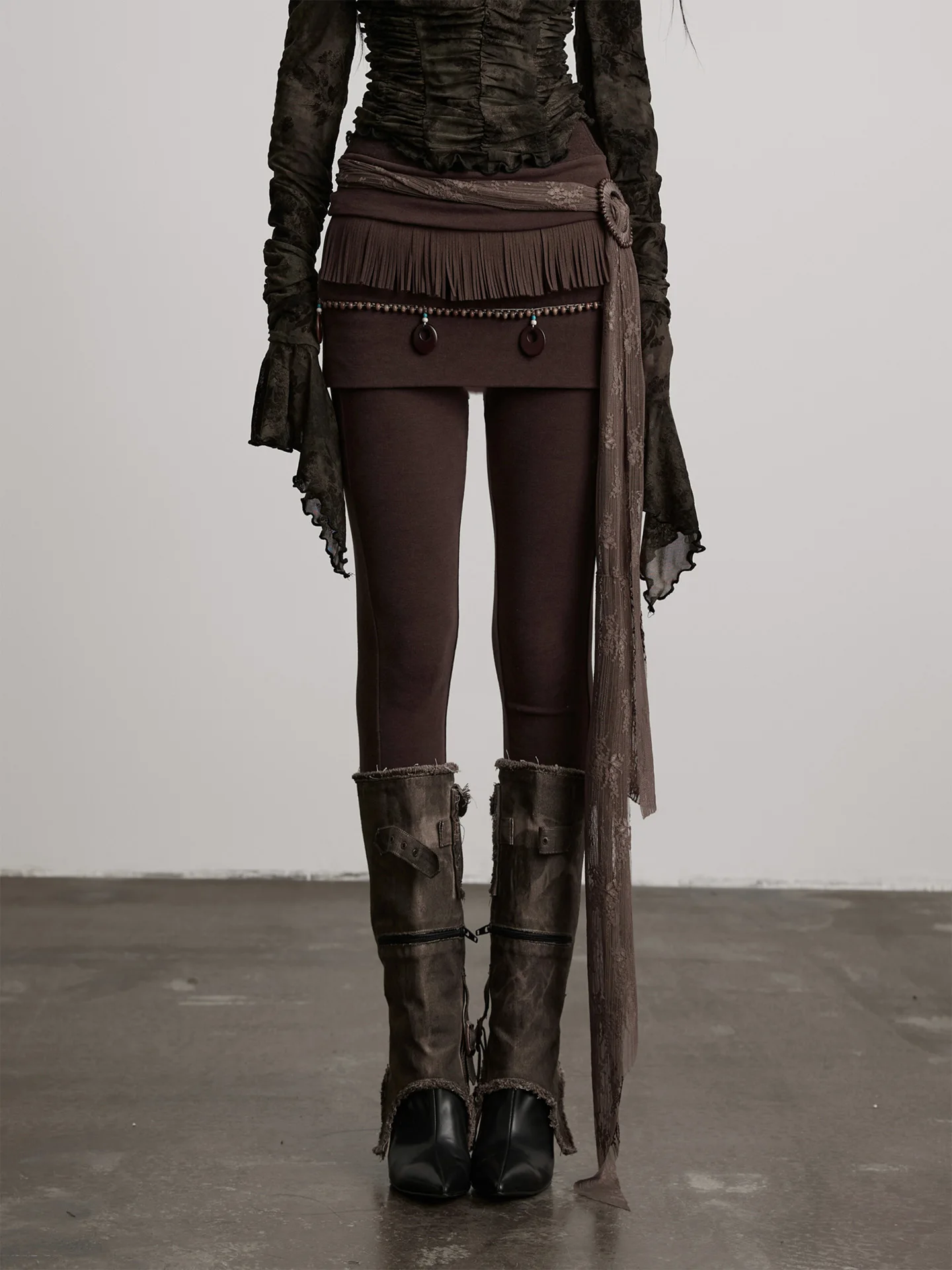 Women's Slim Fit Tassel Trim Pants Skirt Two Piece Set Autumn Winter Outerwear Tights Casual mid Waist Other Fabric