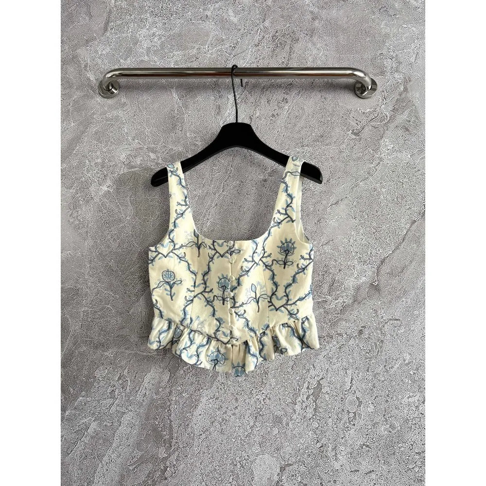 

White Sleeveless Floral Print Ruffles Frilled Vest Tops and Midi Skirt Two Piece Summer Clothing for Women