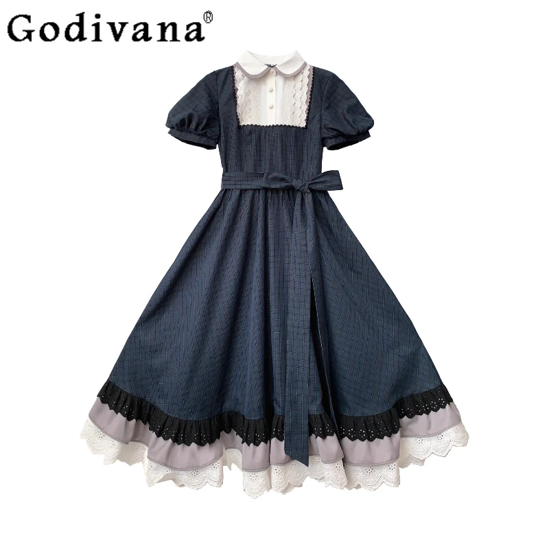 الربيع الصيف الحلو لوليتا فستان السيدات الأصلي الأنيق الرجعية الأزرق الداكن فستان الأميرة المرأة الصيف فستان قصير الأكمام