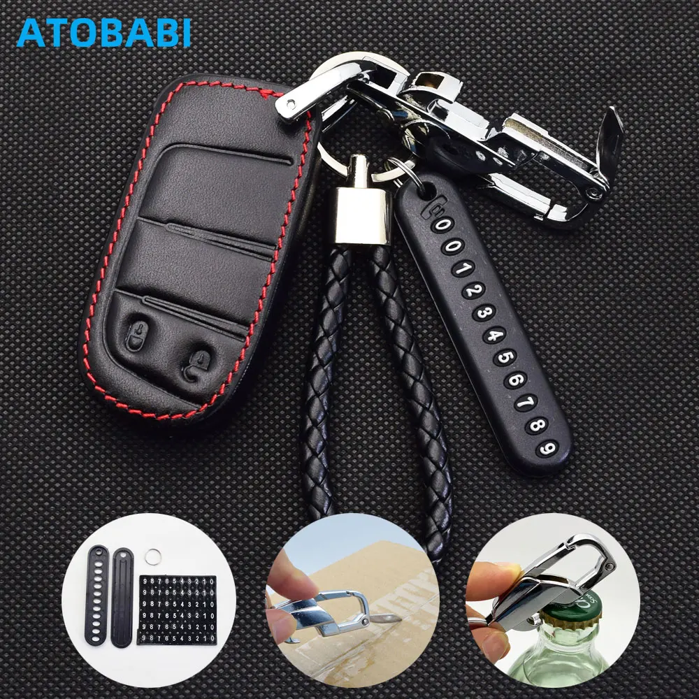 

Leather Car Key Case Cover Bag For Dodge Charger Challenger Ram Jeep Grand Cherokee Compass Chrysler Fiat 500L Keychain Holder