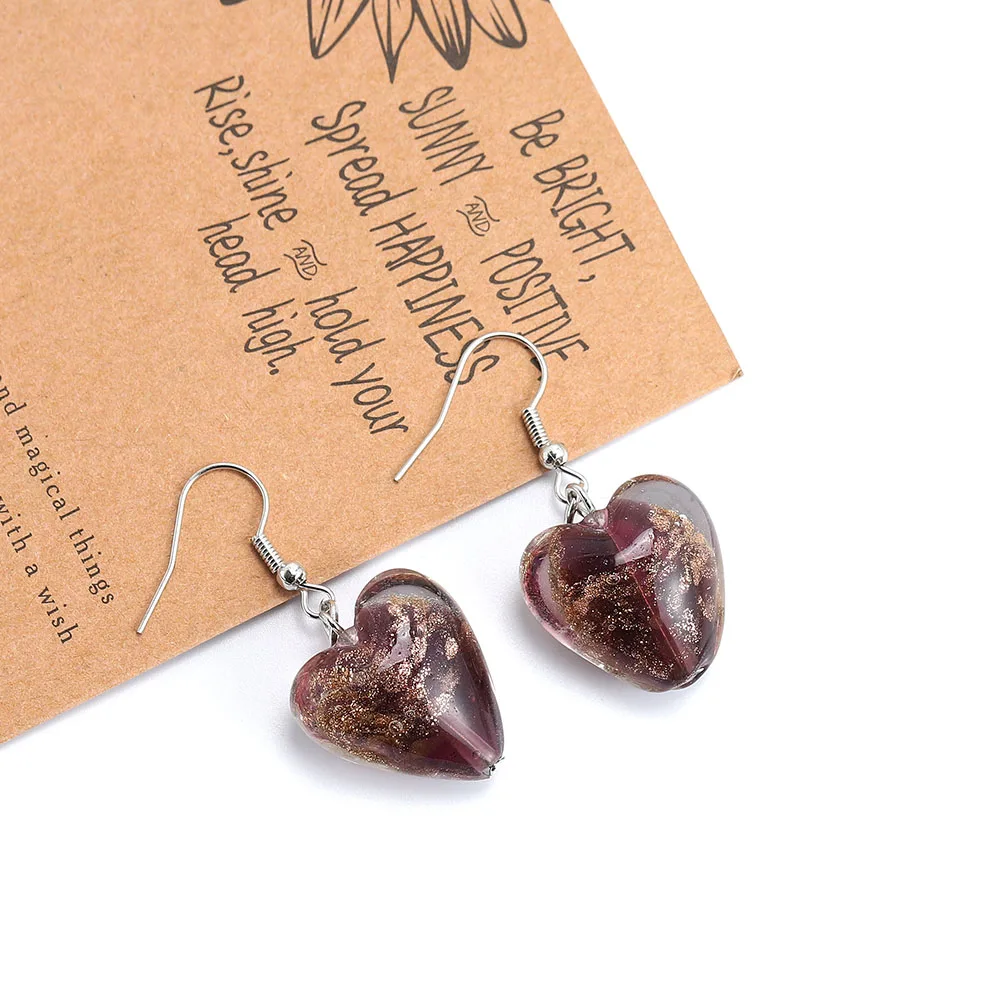 Qianbei Color Hand-made Murano Glass Gold Sand Women\'s Romatic Silver Plated Classic Dangle Heart Earrings