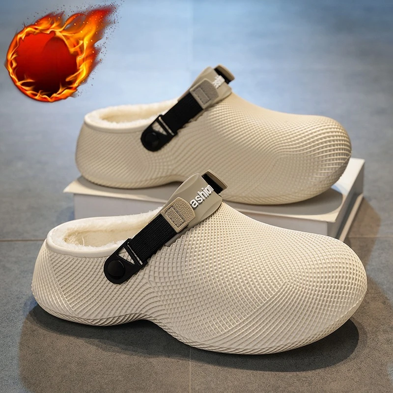 Men's Winter Warm Clogs Slippers Waterproof EVA Fleece Lined Non-Slip Thick Sole Buckle Strap Textured Casual Indoor House Shoes