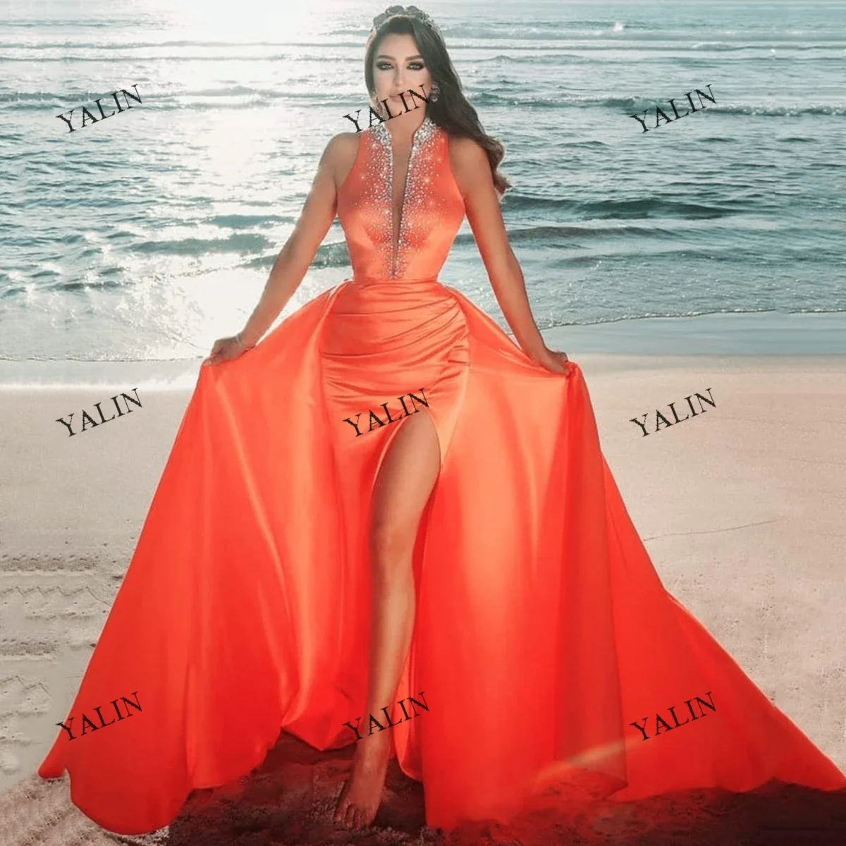 YALIN Orange Satin  Sexy Casual  Prom Dresses 2022 Detachable Train Mermaid Wedding Guest Gowns Sexy Slit Beading Evening Dress