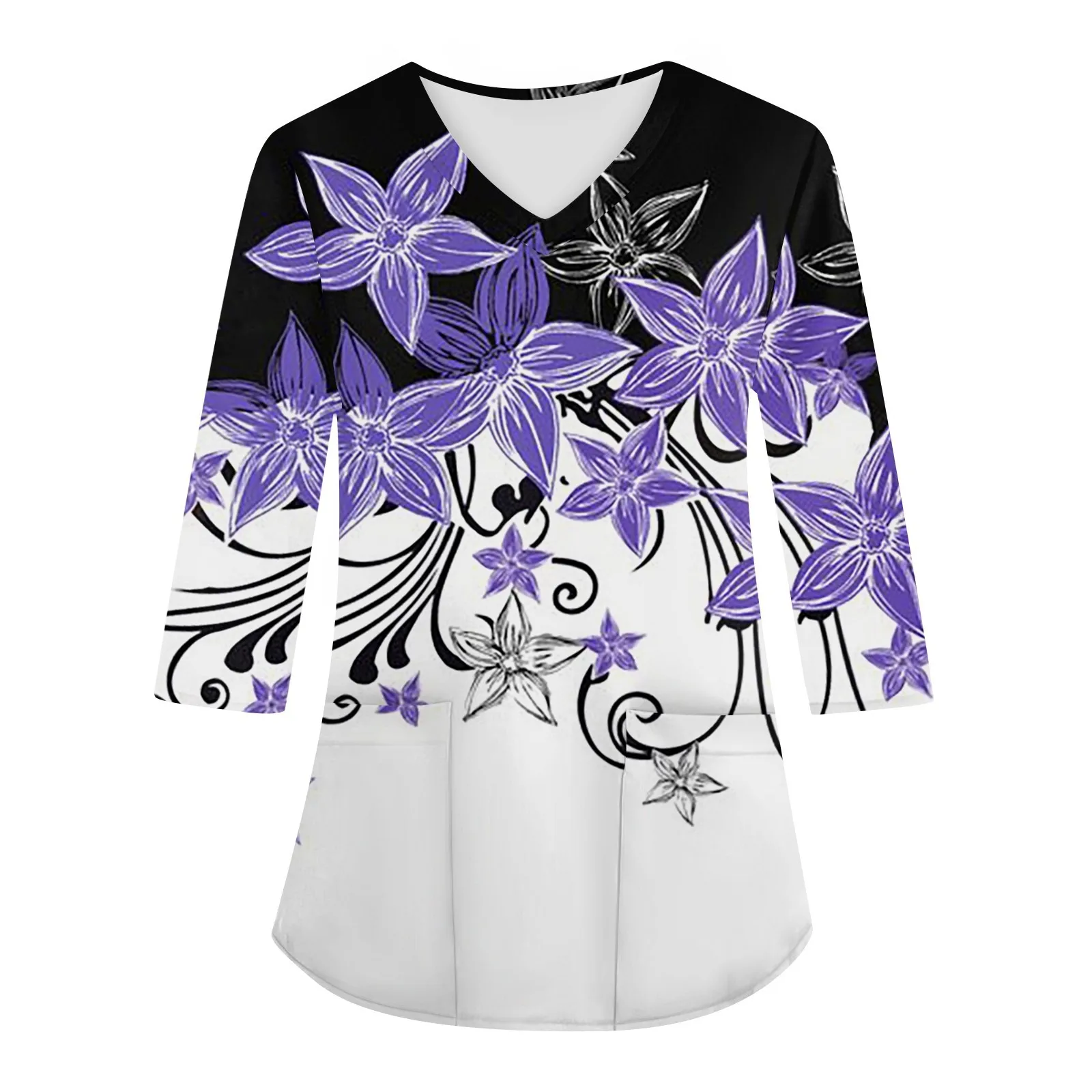 Clinical Uniform Woman Floral Print V-Neck Stretchy Sanitary Dental Uniform Long Sleeve Top Wholesal Medico Nurse Uniform Woman