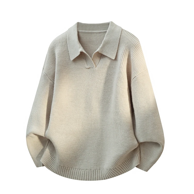 

Универсальный однотонный свитер, мужской рубашечный воротник, дизайн ленивого стиля, свободный пуловер, осенний повседневный многослойный вязаный свитер