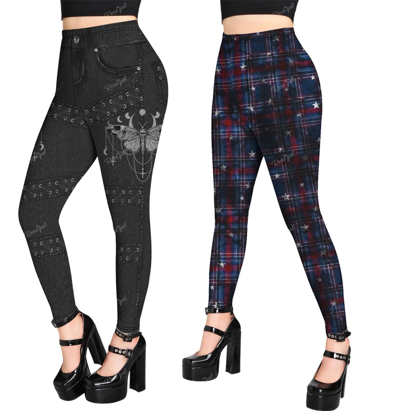 ROSEGAL-Leggings estampados góticos para mulheres, 3D Butterfly Jean, calças com renda, streetwear, calças apertadas, plus size, S-5XL