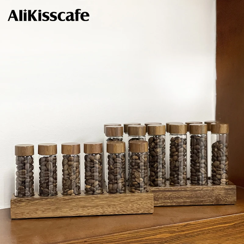 Coffee Beans Storage Container 17g 22g Single Tubes Walnut Display Rack Glass Bottle Tea Spice Coffeware Barista Espresso Tools