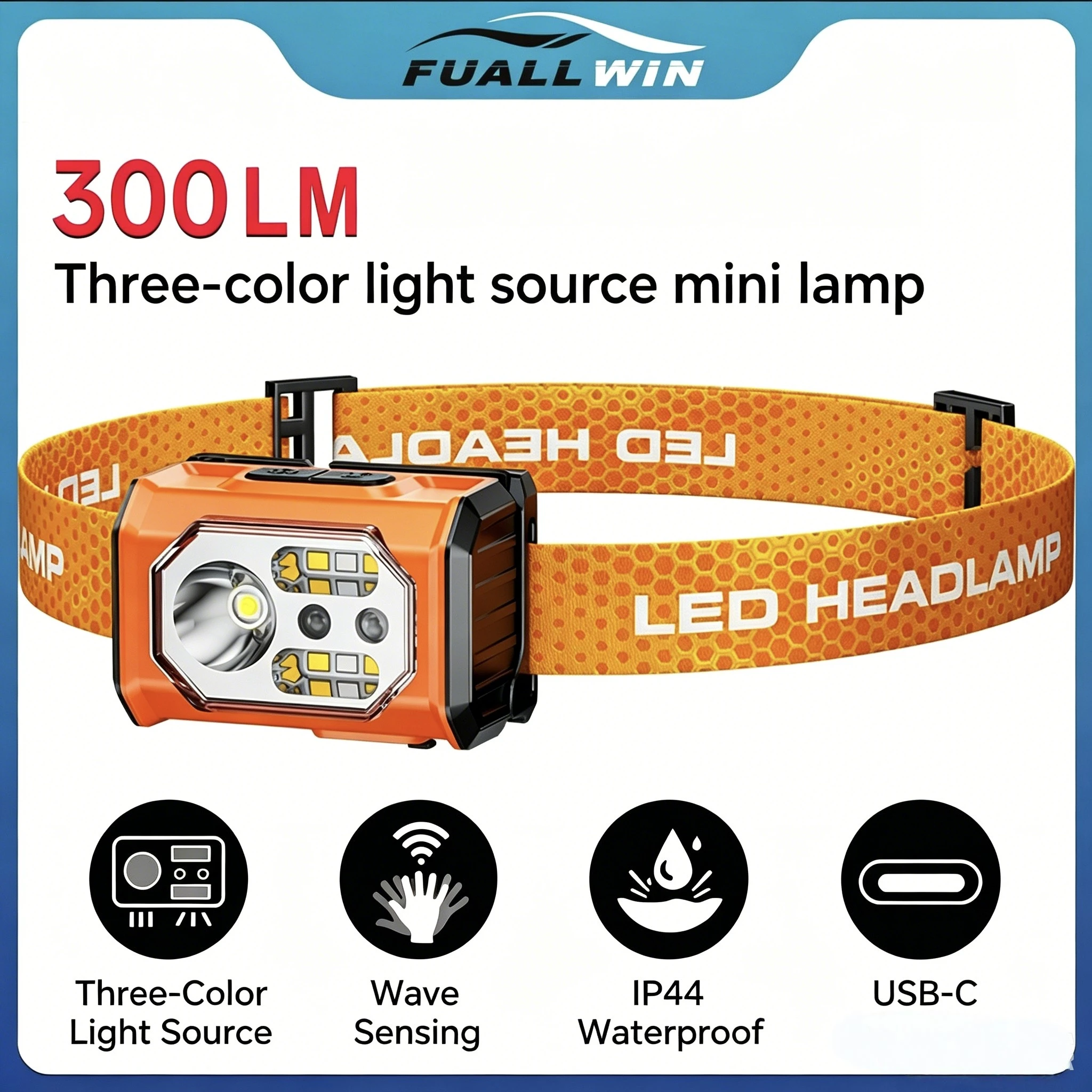 300LM LED Headlamp Motion Sensor 3 Light Sources USB-C Rechargeable IP44 Waterproof Mini Headlight for Camping Fishing Hiking