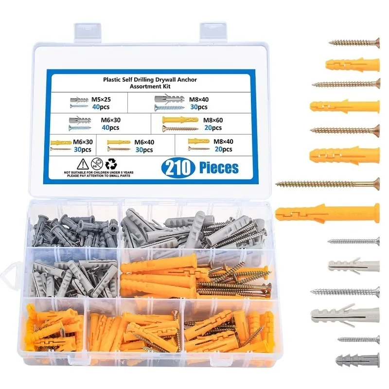 

210Pcs Self-Drilling Screws Set Hollow Wall Anchor Screws Kit Drywall Wall Plugs Masonry Brick Concrete Wall Fixings M5/M6/M8