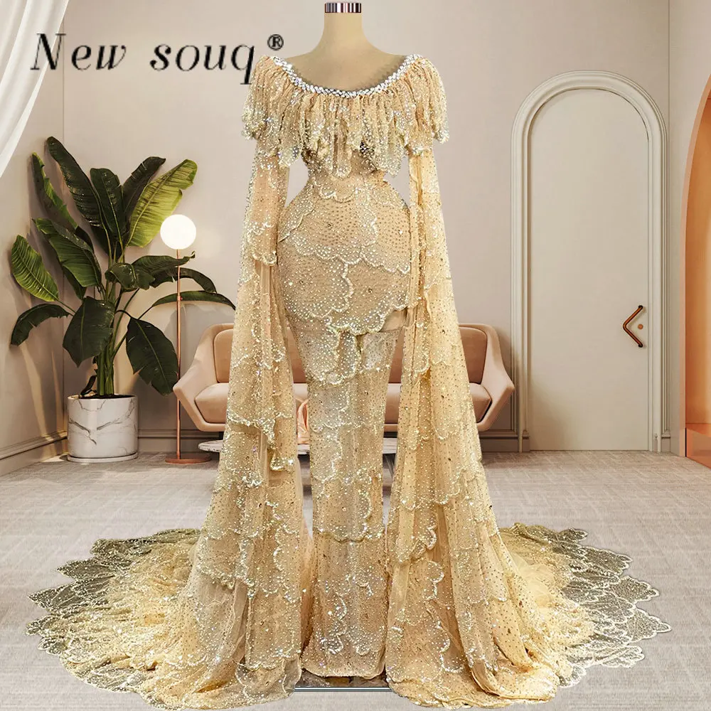 Arabic Champagne Glittery Shoulder Cape Evening Dresses Crystals Long Women Red Carpet Celebrity Party Gowns Middle East Robes