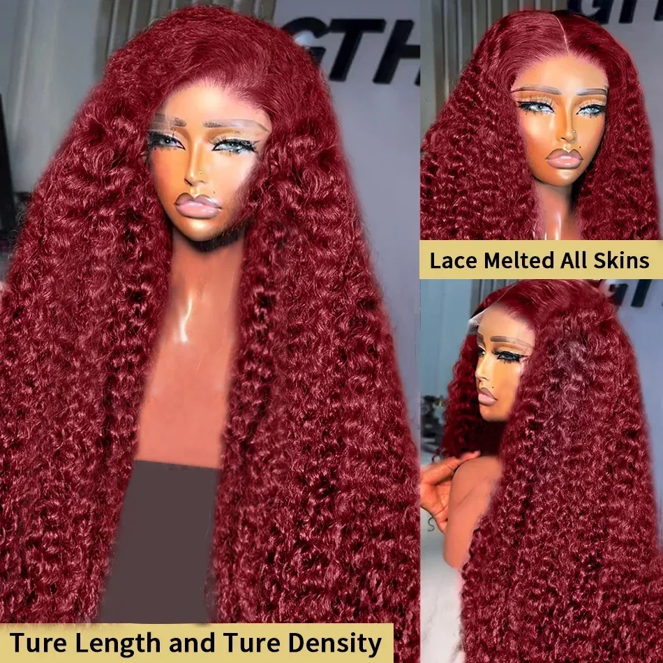 Perruque Lace Front Wig crépus bouclés bordeaux, 26 pouces, 99j, densité 180, perruque frontale à dentelle profonde pour femmes noires, cheveux de bébé, délié naturel, préplumé, 03/3