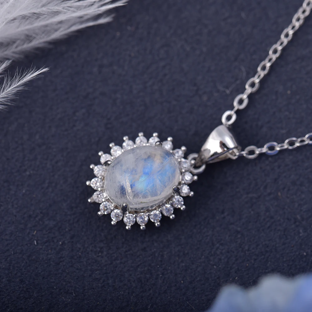 ITSMOS Natural Moonstone Silver Pendant Necklace Blue MoonLight Gemstone Necklace for Women Romantic Dainty Jewelry