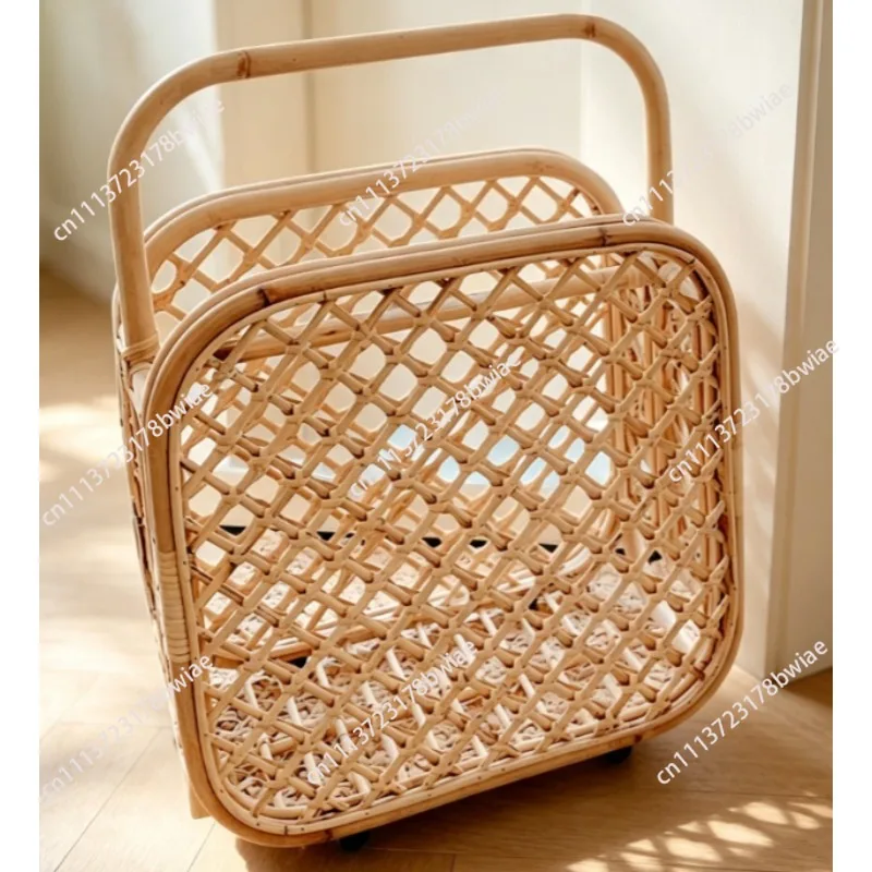 Rattan Storage Basket & Floor Standing Magazine Rack, Ins Style Bookshelf, Newspaper Organizer for Home & Homestay