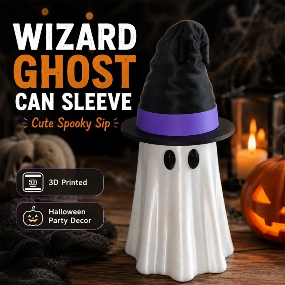 Universal 3D Printed Halloween Ghost Can Holder 12 Oz Witch's Hat Beverage Can Cover Reusable Novelty Beer Can Stand Home Decor