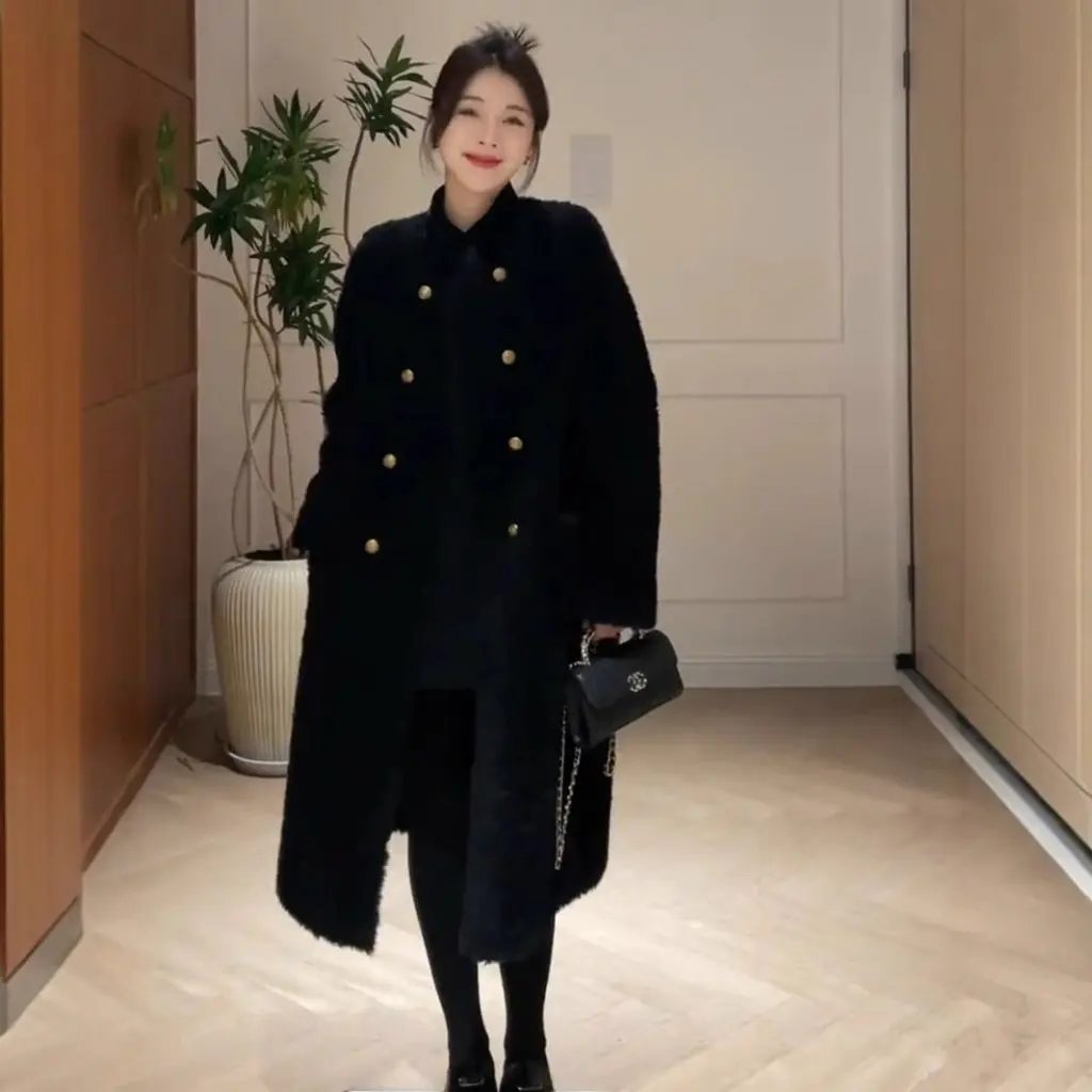 

Women's Fashion Lamb Wool Double-breasted Coat Winter Lazy Style Loose One-piece Mid-length Fur Coat