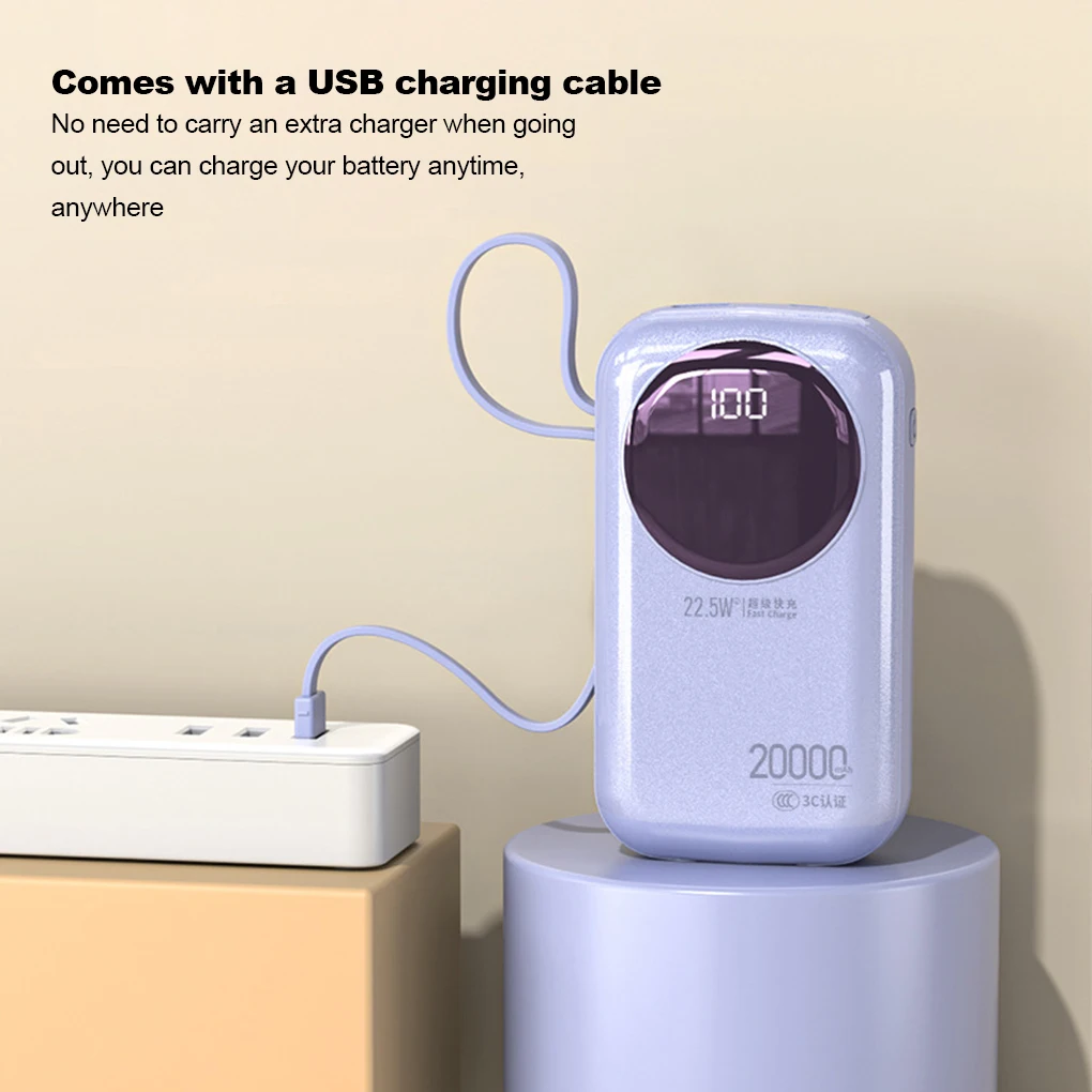 

Мини-банк питания для быстрой зарядки со встроенным кабелем, небольшой портативный мобильный аккумулятор большой емкости 20 000 мАч