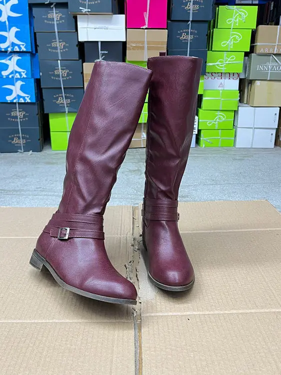 

Модные женские сапоги в западном стиле с круглым носком, на массивном каблуке, с боковой молнией и ремешком, синие, высокие, до колена