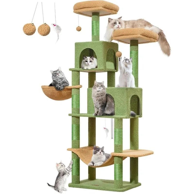

Taoqimiao Cat Tree, 66.2-Inch Cat Tower for Indoor Cats, Plush Multi-Level Cat Condo with 7 Scratching Posts, 2 Perches, 2 Caves