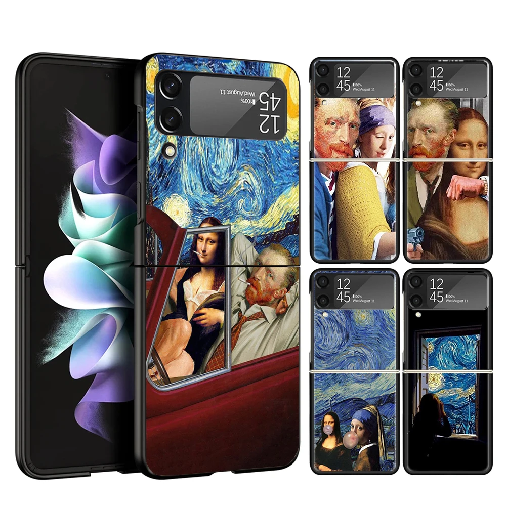 Van Gogh Mona Lisa Funny Art Cover Phone Case For Samsung Galaxy Z Flip 6 5 4 3 5G Flip6 Flip5 Flip4 Flip3 Black Hard Fundas She