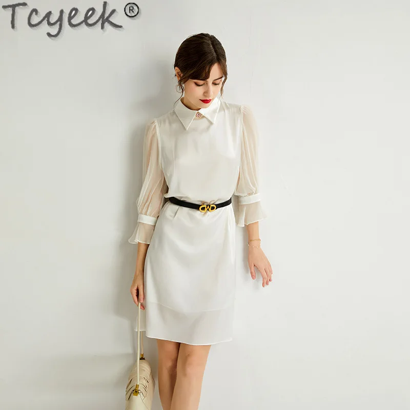 Tcyeek-Vestido de seda real amora para mulheres, vestidos Midi elegantes, roupas monocromáticas, moda, verão, USD 4%, 2022