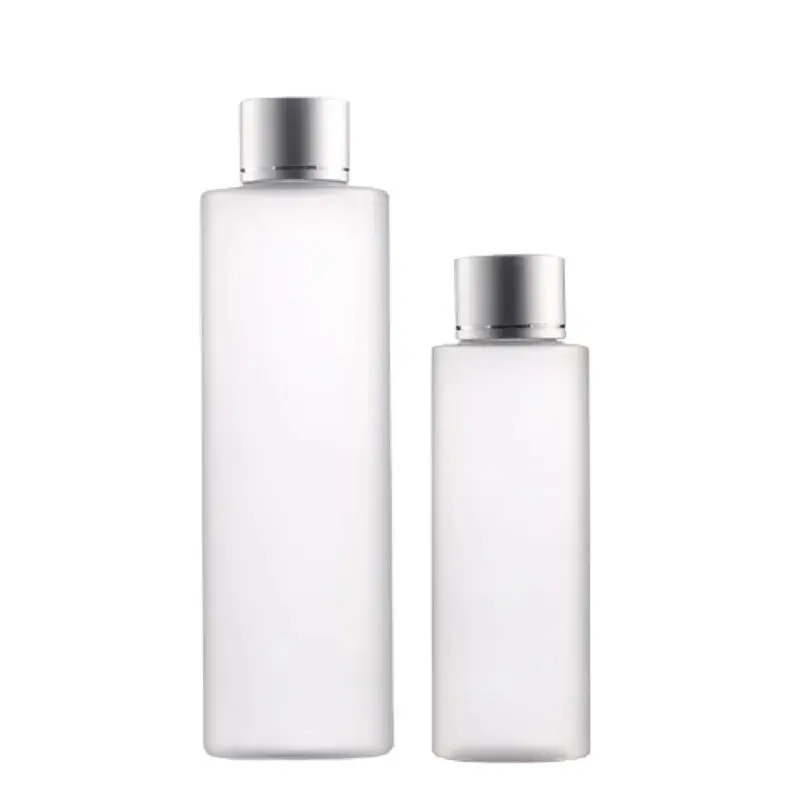 

10pcs Toner Bottle Frosted Lotion Serum Container Matte Silver Lid Flat Shoulder Travel Plastic Refillable Bottles 100ml 200ml