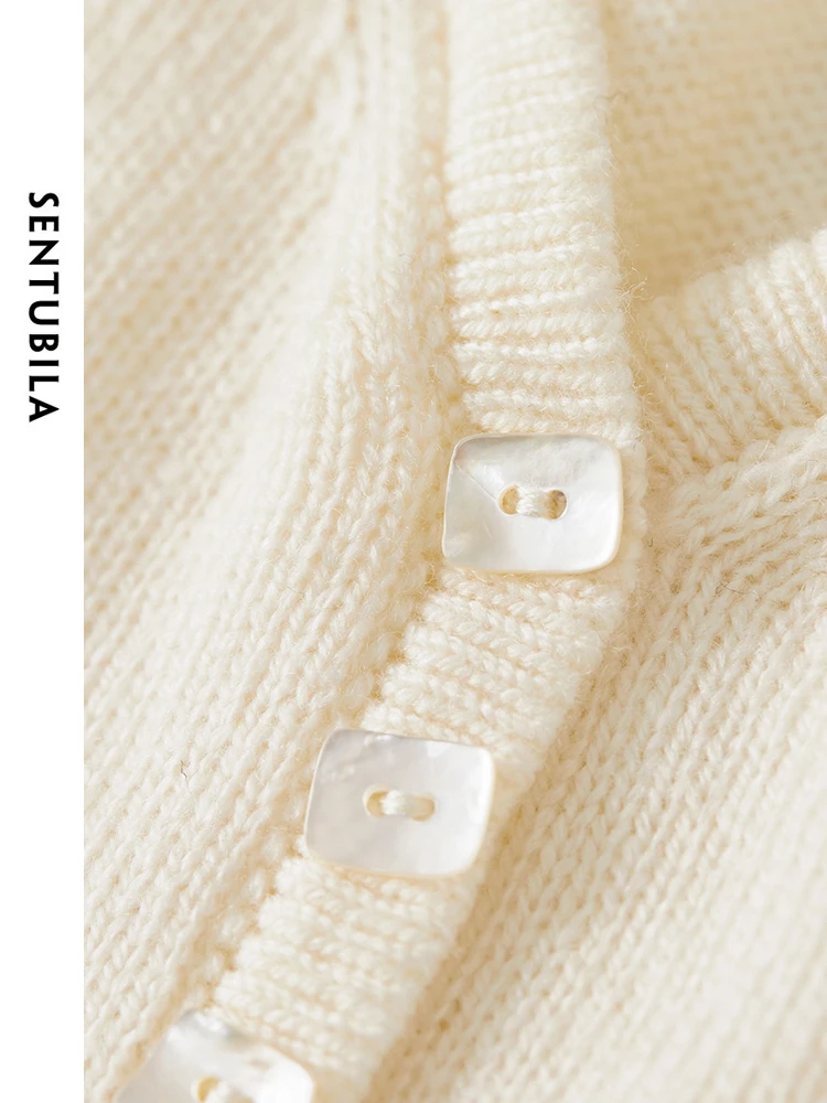 SENTUBILA White Wool Knit Pullovers for Women 2024 Autumn Casual Loose Hollow Out V Neck Comfort Simple Women Sweater W43H56129