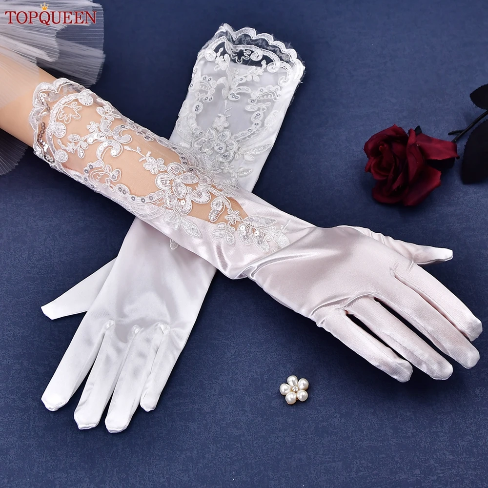 TOPQUEEN guantes de novia de encaje largo hasta el codo guantes de satén para cantar y bailar vestido de boda para fiesta brazo accesorios DIY VM06