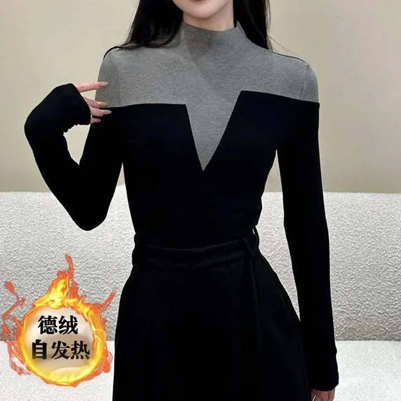 Autumn Winter German Velvet Brushed New Style Stitching Contrast Color Long-sleeved T-shirt Women's Design Bottoming Top