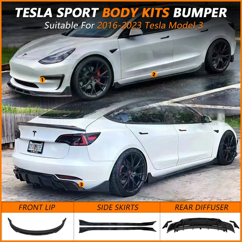 

Fast Body Kits Tunning Gloss Black Carbon Fiber For Tesla 2016-2023 Model 3 Bumper Lip Rear Lip Side Skirt Car Accessories tools