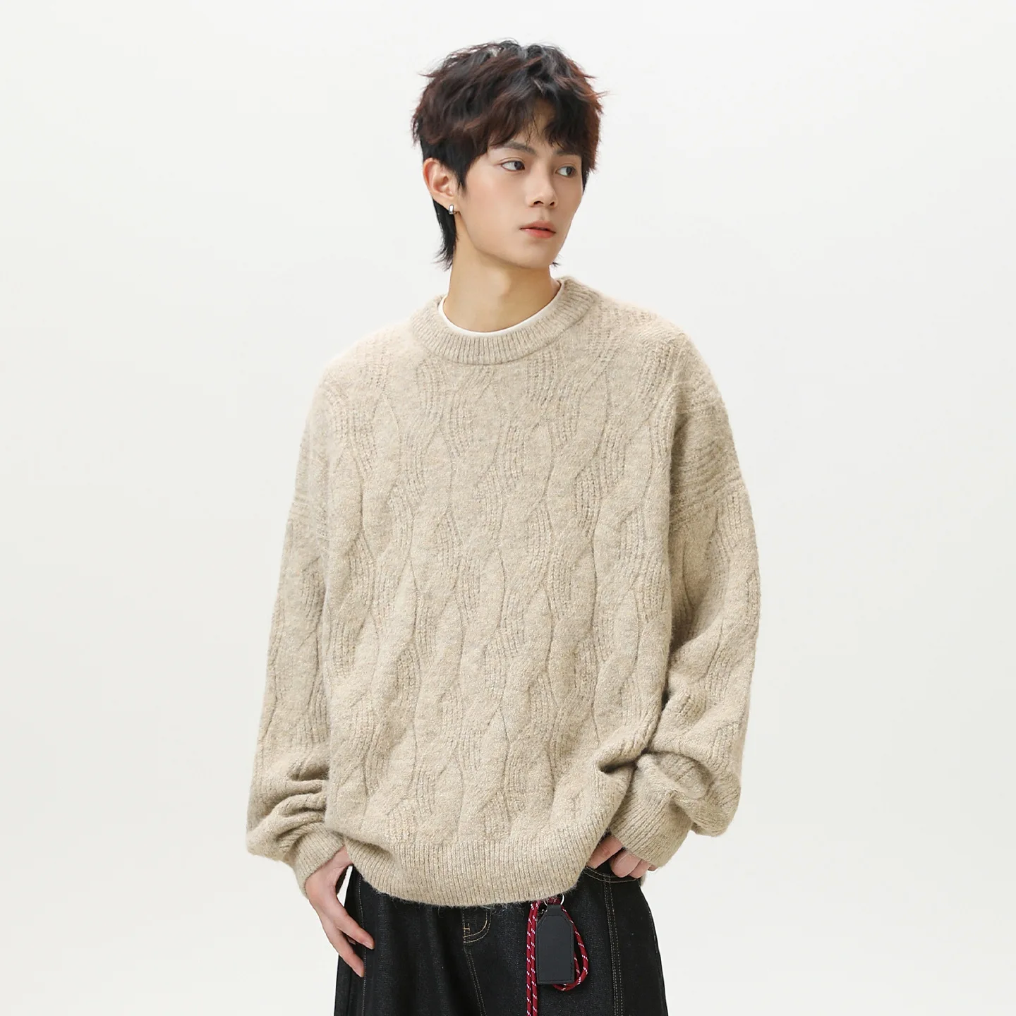 Man Knitting Sweater 2025 Autumn Winter Men's Heavyweight Sweater Solid Color Crew Neck Cable Knit Texture Retro Loose Knitwear