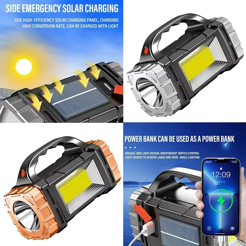 Powerful LED Flashlight USB+Solar Rechargeable Flashlight COB Outdoor Camping Torch Portable Searchlight Power Bank Outdoor