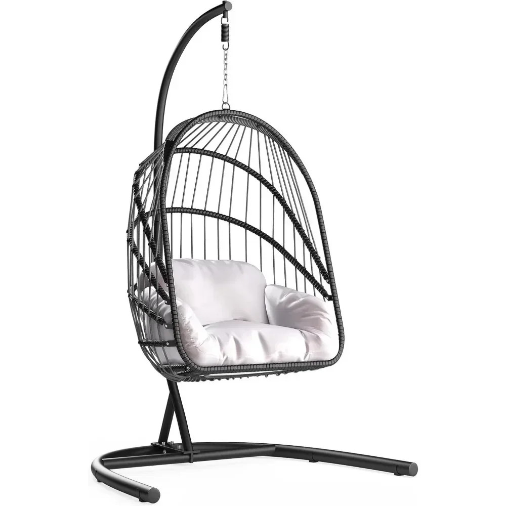 Wicker Swing Egg Chair with Cushions 350lbs, Foldable Hanging Basket Chairs W/Stand Rattan Hammock Chairs, Swing Egg Chair