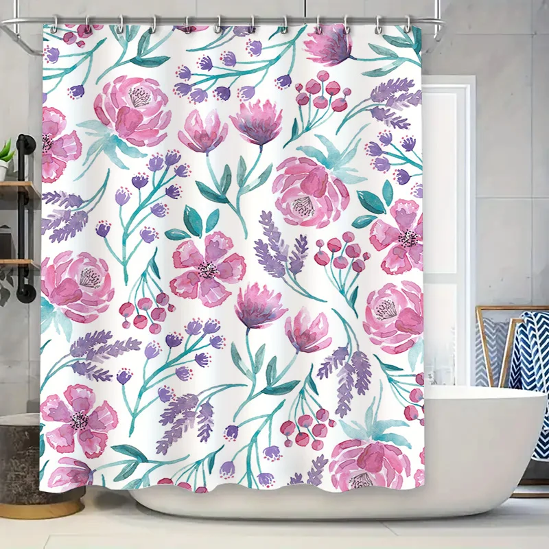 

Занавеска для душа с акварельным цветочным принтом, розовая, фиолетовая, зеленая, белая, с цветочным принтом, декор для ванной комнаты, подвесная ткань, водонепроницаемая дверь для душа, деко