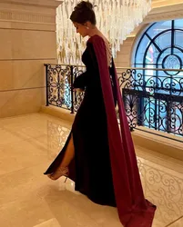 Elegant Long Burgundy Velvet Evening Dresses With Slit Mermaid Pleated O-Neck Watteau Train Wedding Guest Dress for Women