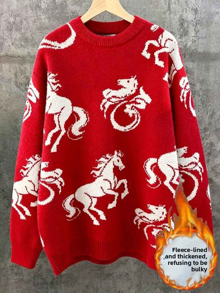 

Red Mid-Length Embroidered Fce-Lined Knitwear for Women 2025 Autumn Winter Warm Casual Sle Polyester Fiber round Ne