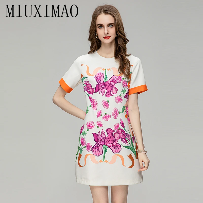 

MIUXIMAO 2023 Fall Dress Newest Arrival Fashion Short Sleeve Slim Purple Flower Diamonds Above Knee Tank Dress Women Vestido