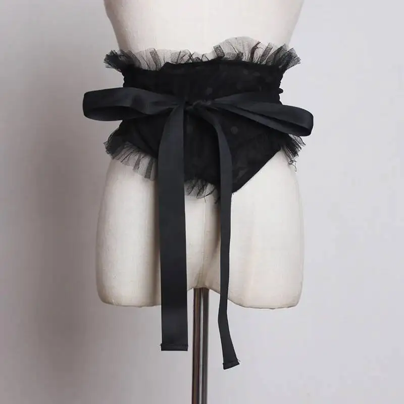 Black Dot Mesh Ruffles Bandage Irregular Wide Belt Personality Women New Fashion All-match Spring Autumn 2026 WOPQ